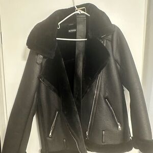 PrettyLittleThing Black Leather Jacket Asymmetrical Zipper Shearling